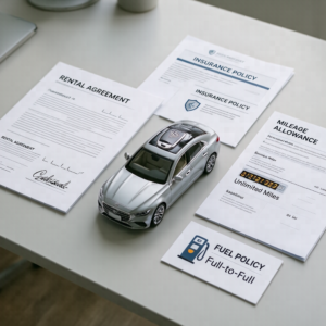 What is included in a car rental showing a rental vehicle, insurance coverage, mileage allowance, fuel policy, and customer rental agreement.