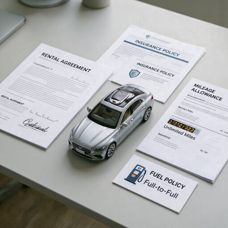 What is included in a car rental showing a rental vehicle, insurance coverage, mileage allowance, fuel policy, and customer rental agreement.