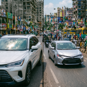 Better to Rent a Car or Use Ride-Hailing in Lagos showing a rental car and an app-booked vehicle on a Lagos road.