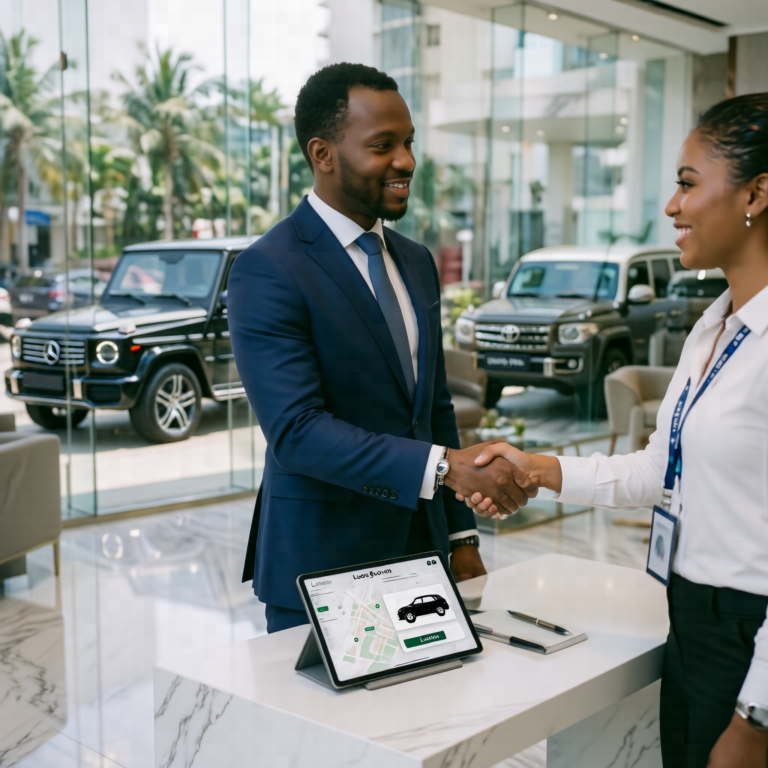 How to Book a Rental Car in Lagos showing a customer arranging a car rental with a professional rental service for business travel and airport transfers.