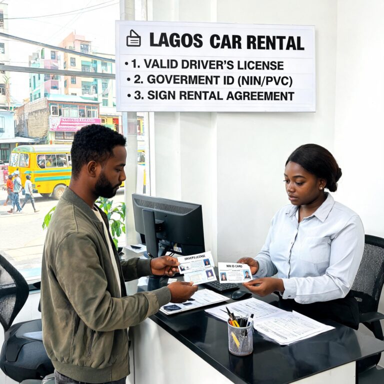 Requirements for Renting a Car in Lagos showing customer submitting driver's license and identification before vehicle rental