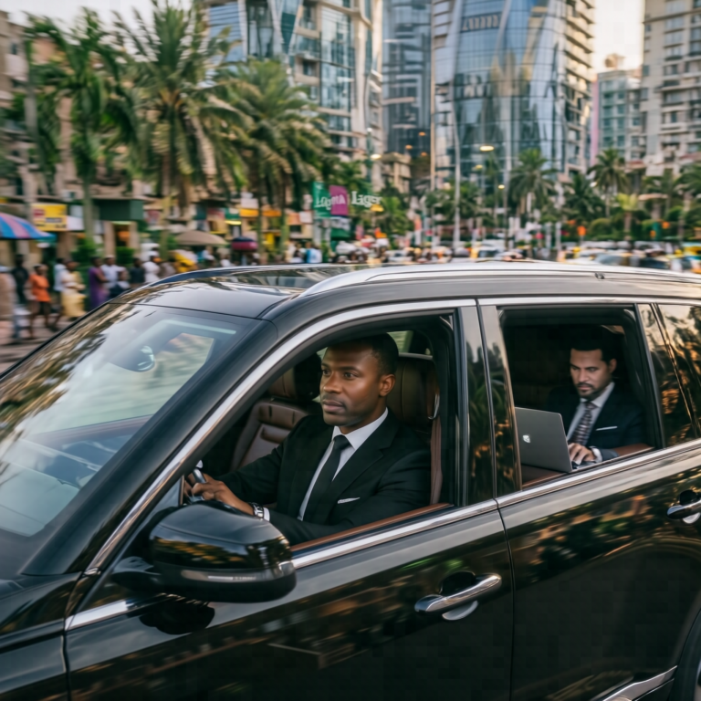 Car Rental With a Driver in Lagos featuring a professional chauffeur driving an executive SUV for business travel