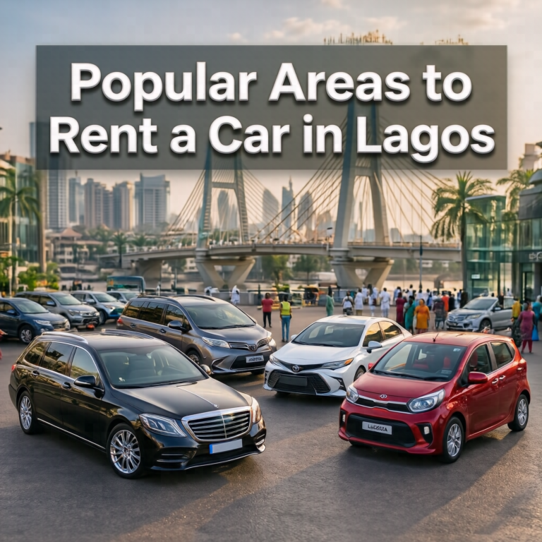 Popular Areas to Rent a Car in Lagos showing rental vehicles for airport transfers, business travel, family trips, and city transportation.