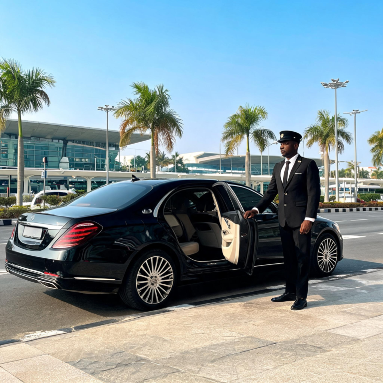 Car rentals service that comes with security showing a chauffeur-driven vehicle prepared for safe business travel and airport transfers in Lagos.